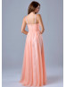 Spaghetti Straps Beaded Ruched Chiffon Elegant Long Prom Dress